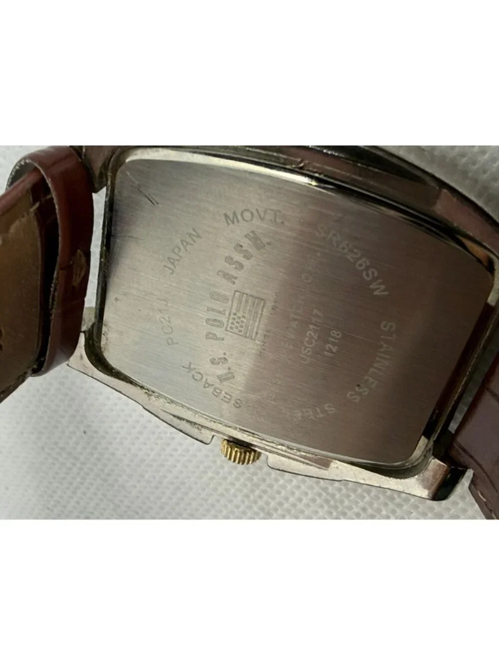 U.S. Polo Assn. Men's Rectangular Gold-Tone Watch Brown Leather Strap USC2117